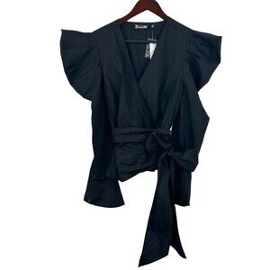 New York And Company Women M Black Top Long Puff Sleeve Tie Wrap Blouse Classy